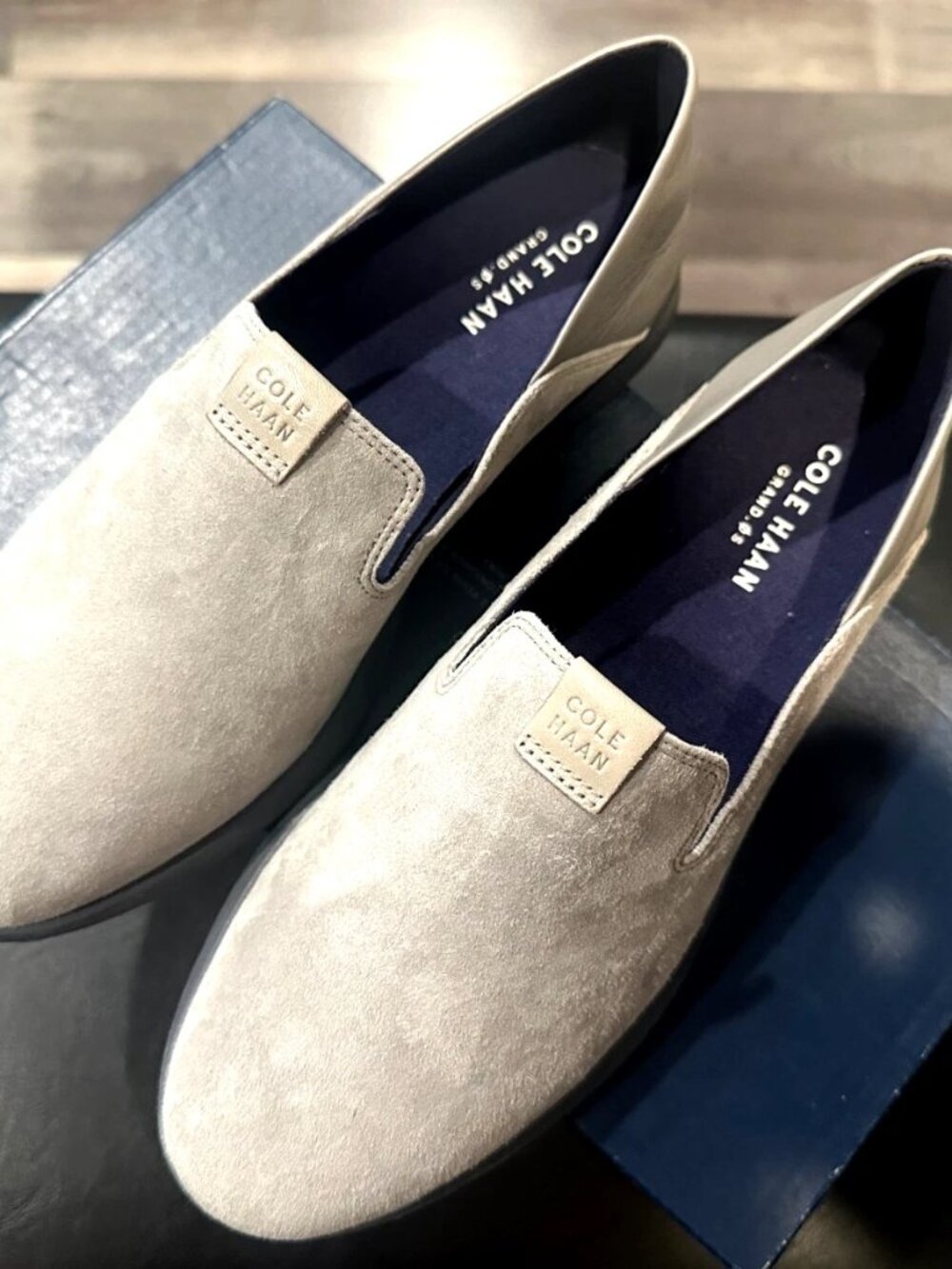 Cole Haan Grand Ambition Horizon Grey Suede & Leather Slip-On Flat Loafers New